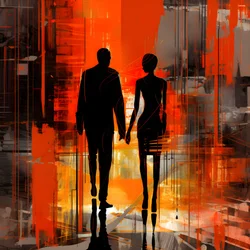 Man in rood, vrouw in oranje en zwart
