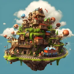 Mini-trein met 3 wagons en 1900 locomotief met 6 kinderen die op de trein spelen 1