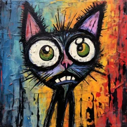 neo-expressionisme van een cartoonkat die nieuwsgierig omhoog kijkt 2