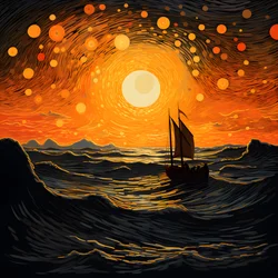 zonsondergang, oranje-gele zon, wolken, vijf roterende cirkels van wolken in een grote hemel, puntvormige golven en oranje-gele zonsondergangwolken die zich op de golven spiegelen, een boot vaart de zee op 4