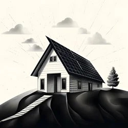 illustratie van een huis met zonnepanelen en een grote pijl erachter die naar rechts en omhoog wijst
