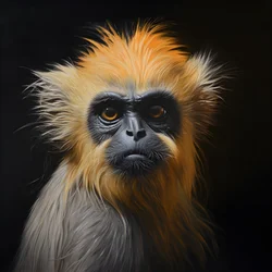 Een schilderij van het gezicht van een gouden langoer met zwarte achtergrond 1