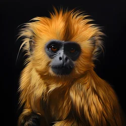 Een schilderij van het gezicht van een gouden langoer met zwarte achtergrond 2