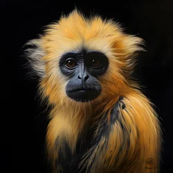 Een schilderij van het gezicht van een gouden langoer met zwarte achtergrond 3