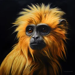 Een schilderij van het gezicht van een gouden langoer met zwarte achtergrond 4