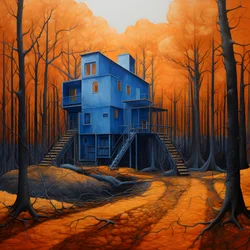 een blauw huis in een oranje bos