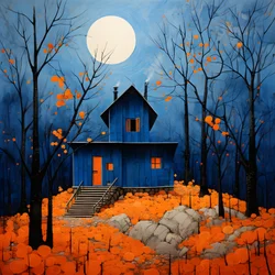 een blauw huis in een oranje bos