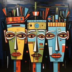 Een schilderij toont een groep van vier hoofden aan een muur 1