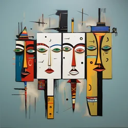 Een schilderij toont een groep van vier hoofden aan een muur 2