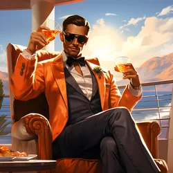 een rijke man, goed gekleed, zit op een privécruiseschip en drinkt een cocktail 1