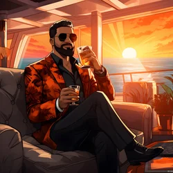 een rijke man, goed gekleed, zit op een privécruiseschip en drinkt een cocktail 3