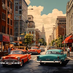 Een stad in de jaren 50 met rode auto