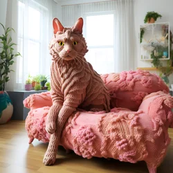 een gigantische gehaakte kat in een realistische woonkamer
