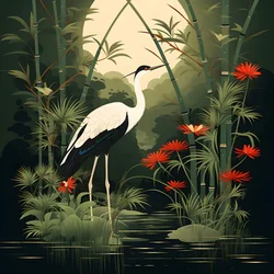 Een mooie Japanse illustratie van een kraanvogel en bamboe 1