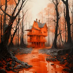 groot rood huis op blauwe achtergrond