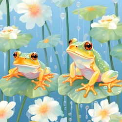 Naadloos patroon van een schilderij van mooie oranje en gele cartoonkikkers zittend op de leliebladeren op het water regen uit aquarel 4