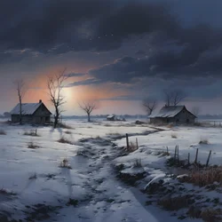 besneeuwd landschap. Een middelgrote boerderij