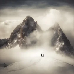 twee mensen aan het skiën boven een bewolkte berg 2