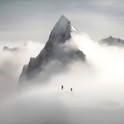 twee mensen aan het skiën boven een bewolkte berg 3