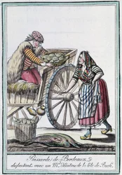 Visvrouw van Bordeaux die ruzie maakt met een oestermakelaar van de kop van Buch - in "Encyclopedie van Reizen" door J. Grasset St Sauveur, Deron, Parijs