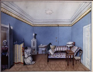 In de slaapkamer (Aquarel van L. Hern, 1835)