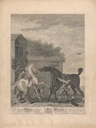 Een set van zeven, ongetiteld, elk opgedragen: Aan de Zeer Eerwaarde Thomas Lord Viscount Weymouth...van het Originele Schilderij in Long Leat Hall. [Twee paarden die onrustig buiten een stal staan...]