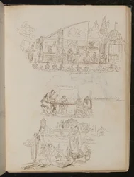 Een tuin- en wasscène met vrouwelijke figuren met inscriptie "Genoese Bron", en een studie van vier figuren met inscriptie "Manenti