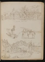 Studie van een "Genuese Villa", een Man met een Pijp, een Pakpaard, een Landschapsboog met Figuren