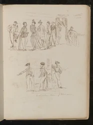 Studie van acht soldaten staand in een interieur, studie van drie Sardijnse soldaten