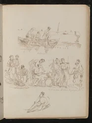 Drie figuren in een roeiboot met opschrift 