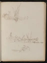 Drie studies van schepen, boten en kustlandschap