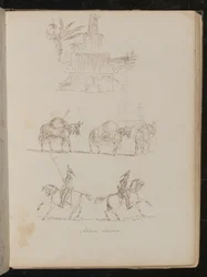 Waterfontein in gebladerte, studie van drie verbonden pakpaarden, studie van twee soldaten te paard met inscriptie "Novare Lancers"