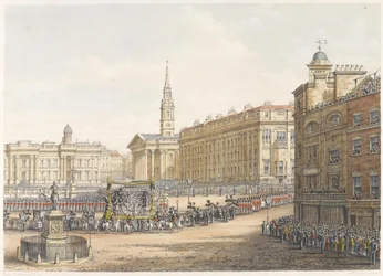 De begrafeniswagen en processie bij de staatsbegrafenis van de hertog van Wellington langs Mansion House, 18 november 1852