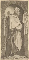 St. Jacobus Minor in een gebogen nis, met een wandelstok in zijn handen