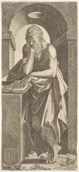 St. Simon voor een open boek met de vingers van zijn linkerhand erop gedrukt, 1545