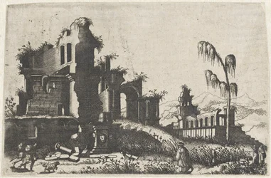 Landschap met begroeide ruïnes en reizigers