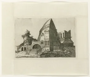 Ruïne met piramidevormige toren Ruinarum variarum fabricarum delineationes pictoribus caeterisque id genus artificibus multum utiles (serie titel)