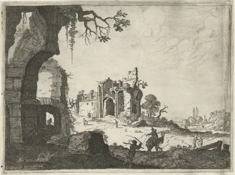 Twee ruïnes in een landschap