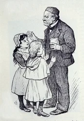 Portret van Louis Pasteur, Franse chemicus en natuurkundige die snoepjes uitdeelt aan de kinderen van het Instituut. Schets door Lucien Laurent-Gsell.