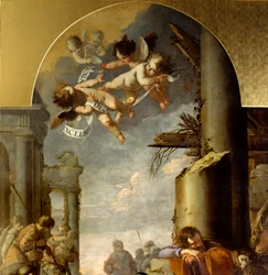 De Aanbidding van de Herders (detail). Schilderij door Laurent de la Hyre