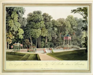 Het Chinese Paviljoen in de tuinen van Laxenburg, Wenen, gegraveerd door Johann Ziegler (ca. 1750-ca. 1812)