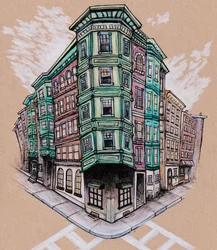 North End, c.2019 (kleurpotlood en inkt op bruin kunstpapier)