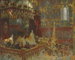 De kroningsceremonie van tsaar Nicolaas II in Moskou. Schets