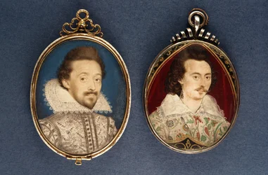 Links: Portret van een jonge man door Lawrence Hilliard. Rechts: Portret van een jonge man door Nicholas Hilliard