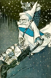 De kerst voor grote kinderen - Franse president Emile Loubet verkleed als kerstman met een kruiwagen vol cadeaus voor de volwassenen. 1905.