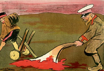 De ploeg van de beschaving - Russische soldaten ploegen de bebloede slagvelden. 1904