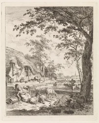 Herderin met schapen voor een boerderij Landschappen met figuren (serie)