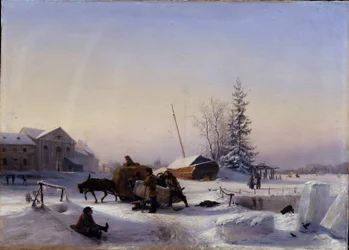IJsvervoer. Winterzicht op het voormalige wijndorp op Vasily-eiland in Sint-Petersburg