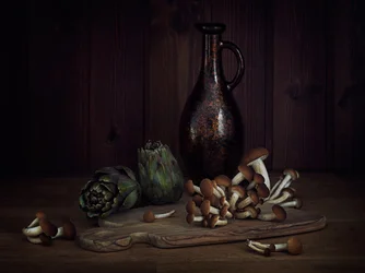 Stilleven met artisjokken en paddenstoelen