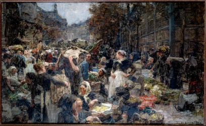 De hallen. De menigte van de Marche des Halles in Parijs in de 19e eeuw. Schets door Leon Augustin Lhermitte (1844-1925)